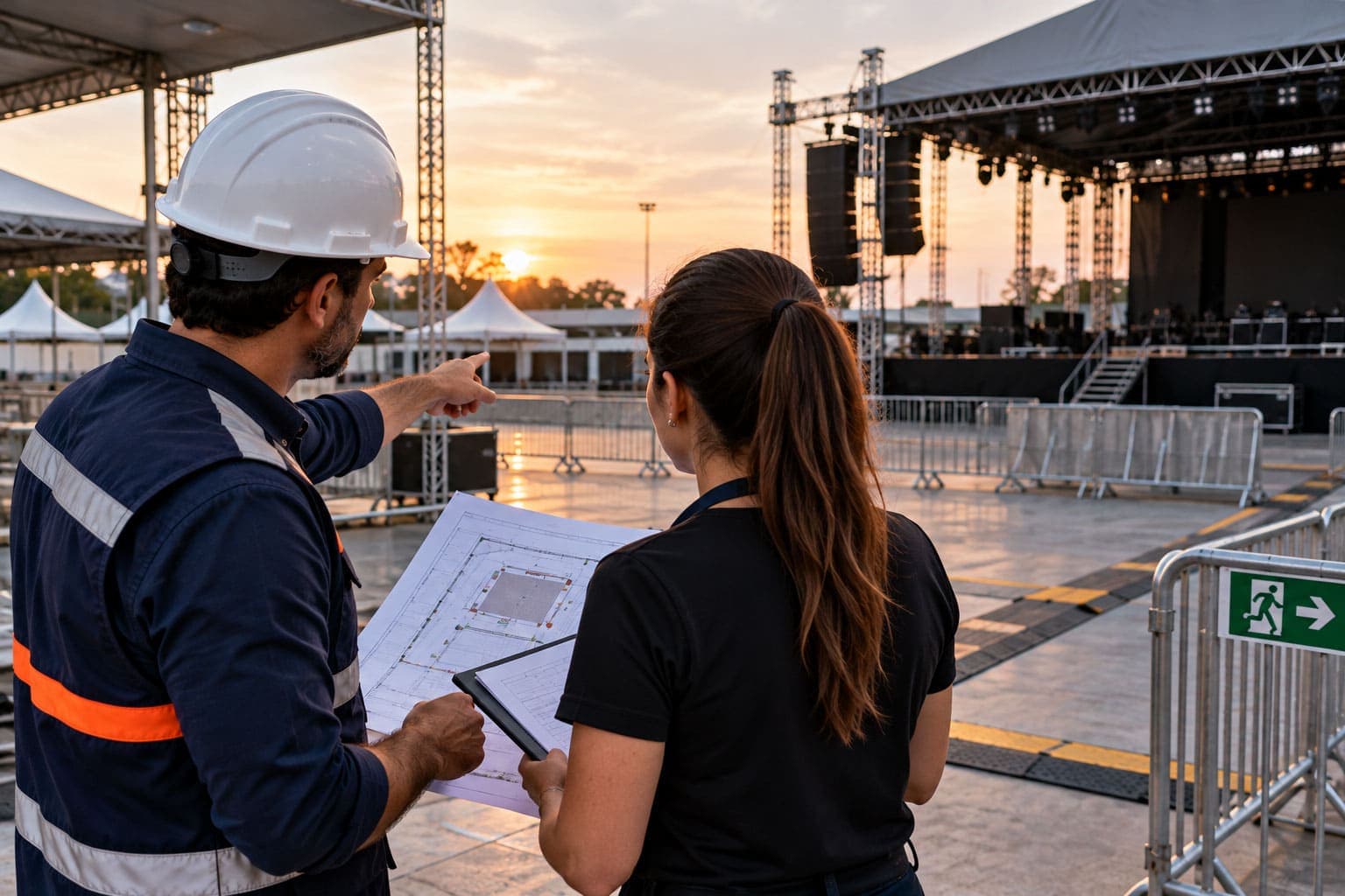Equipe técnica inspecionando estruturas e rotas de saída antes da realização de um evento