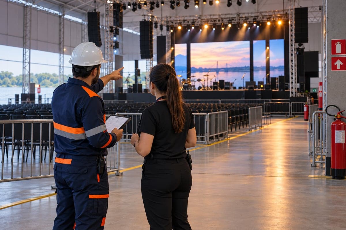 Técnico e produtora avaliando a segurança de uma estrutura para eventos