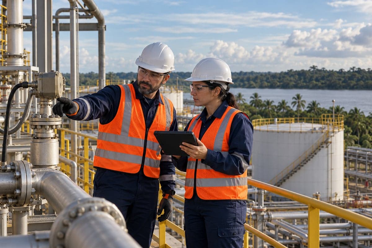 Profissionais inspecionando equipamentos em uma operação industrial de risco especial