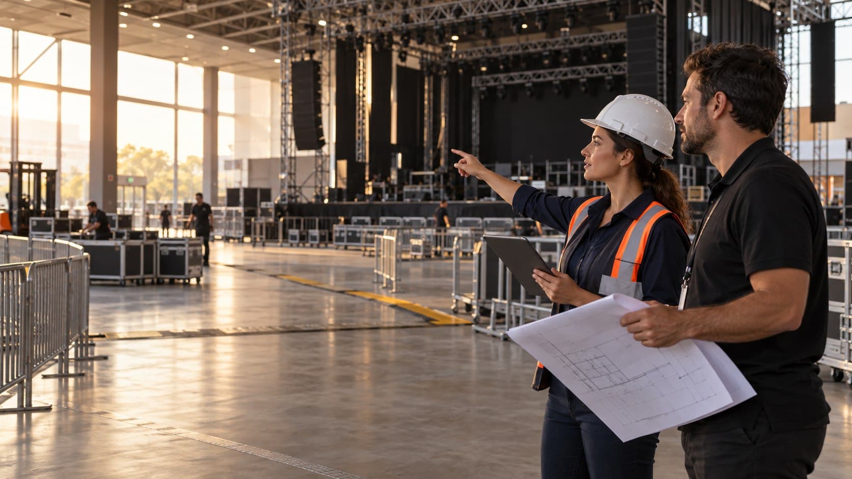 Equipe avaliando a estrutura e a circulação de um evento antes da abertura ao público