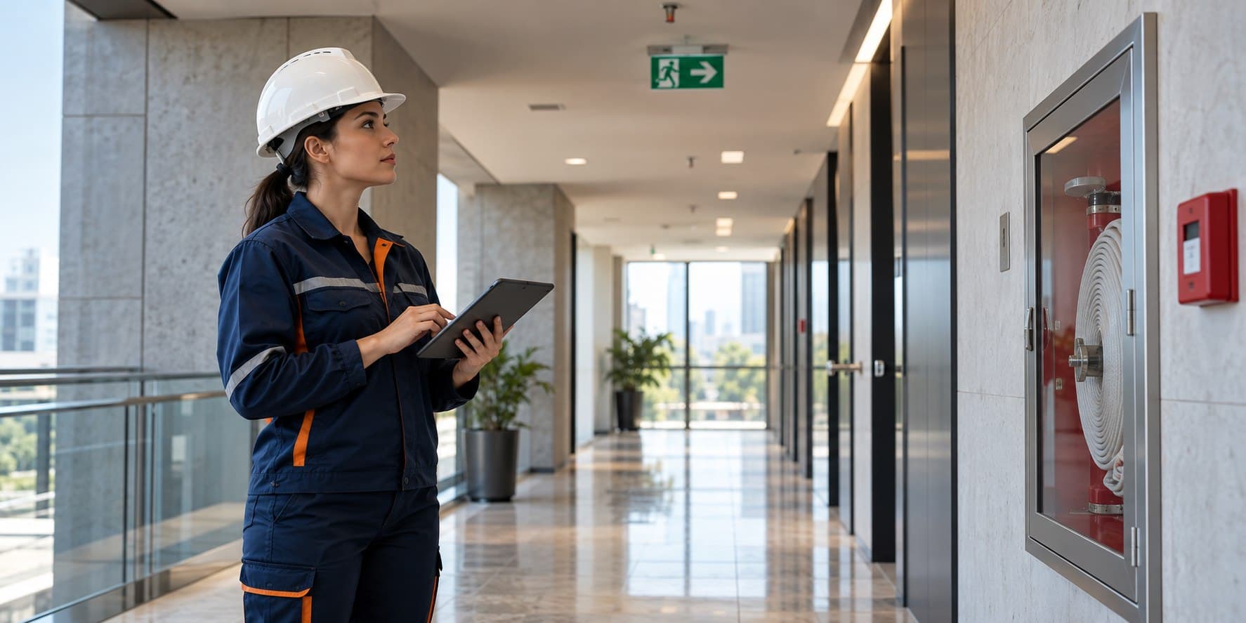 Profissional realizando uma inspeção técnica dos sistemas de segurança de uma edificação