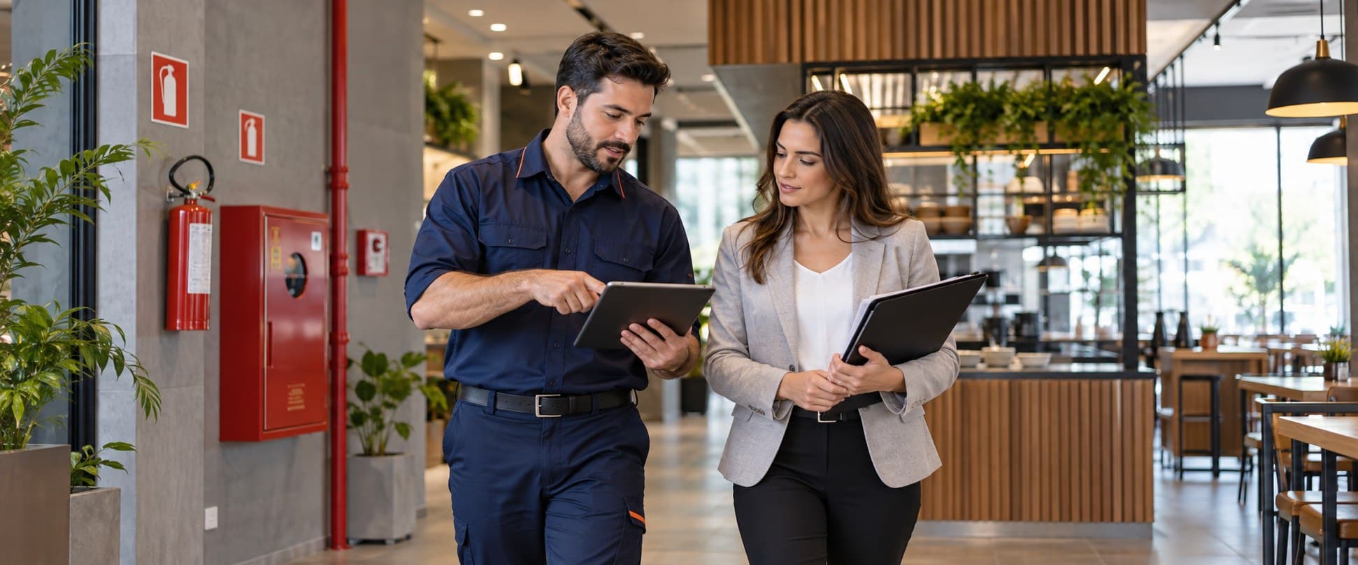 Consultor técnico orientando uma gestora durante a avaliação de um estabelecimento comercial