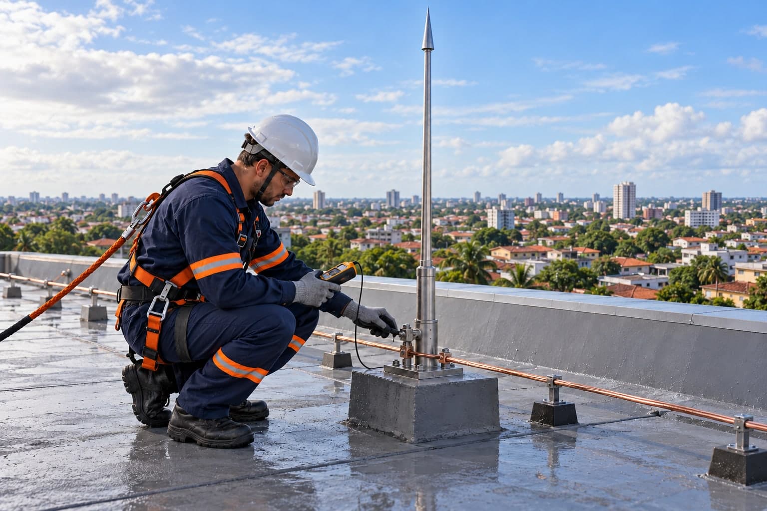 Técnico inspecionando um sistema de proteção contra descargas atmosféricas em uma cobertura