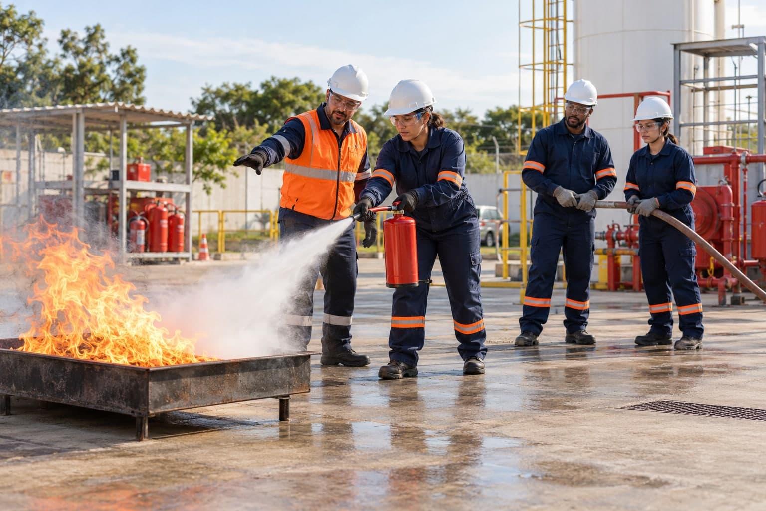 Instrutor orientando uma equipe durante um treinamento prático de brigada de incêndio